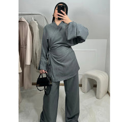 Dubai Plain 2 Piece Abaya Set Tops Pant Modest Muslim Set Abayas For Women