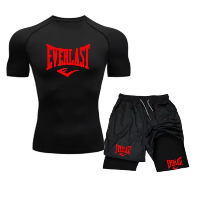EVERLAST Men's Compress Shirt + 2-in-1 sports shorts 2pcs Set Leisure Breath Short Sleeve Sport Jogging Gym Brand Print Clothing