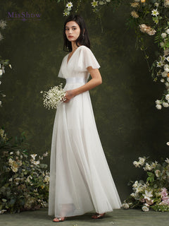 Ivory Beach Wedding Dresses For Women A-Line Puffer Short Sleeve