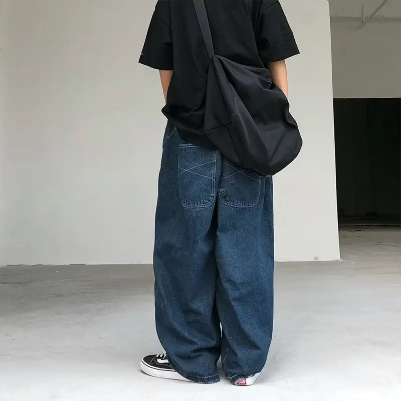 Japanese Oversized Jeans Men's Fashion Baggy Solid Color Casual Stitching Trousers