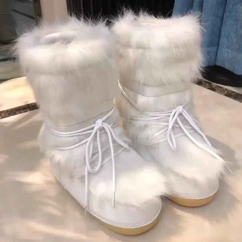 Winter Snow Boots Women Ski Boots Fluffy Hairy Lace Up Middle Calf Platform Flat