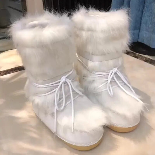 Winter Snow Boots Women Ski Boots Fluffy Hairy Lace Up Middle Calf Platform Flat
