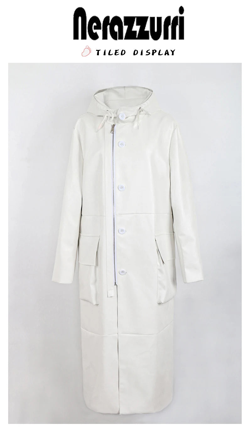 Long Black Loose Waterproof Windproof Soft Pu Leather Trench Coats