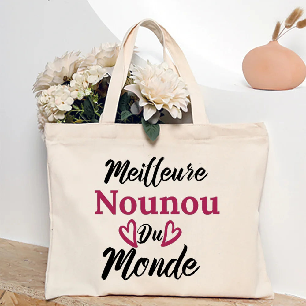 Merci Nounou French Printed Women Shoulder Bag Canvas Tote Bag Female