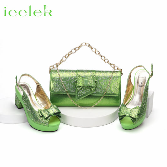 Green  High Heel Sandals Shoes Matching Bag Set For Ladies Wedding Party Pumps