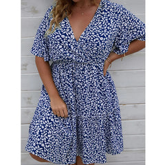 Plus Size Dress Woman Summer V Neck Short Sleeve Floral Print Casual