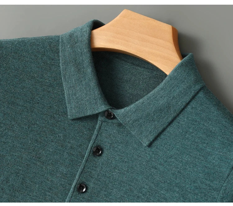 Spring Autumn Men Shirt  Merino Worsted Wool Knitted Pullover Long Sleeve Polo-Collar Clothing Tops Smart Casual Thin Outerwears
