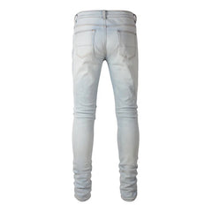 Men Pale Light Blue Biker Jeans Cracked Pleated Patch Patchwork Stretch Denim Pants