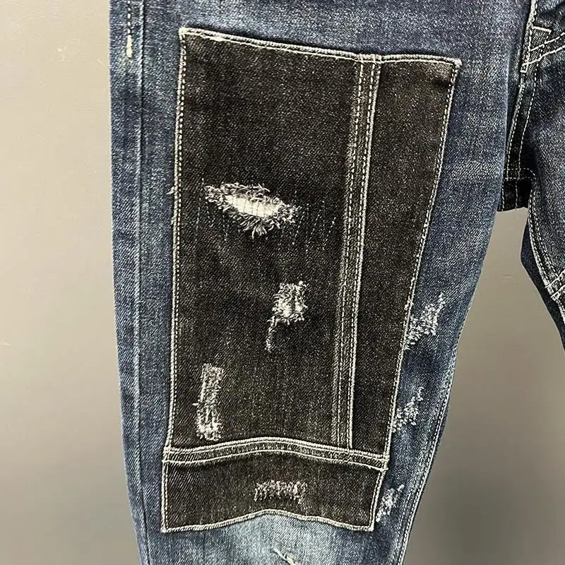 Trousers with Holes Men's Jeans Ripped Torn Man Cowboy Pants Elastic Spliced