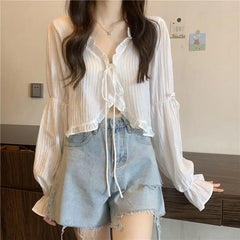 Sweet Ruffle Lace Up Cardigan Women Summer Long Sleeve Sunscreen Jacket