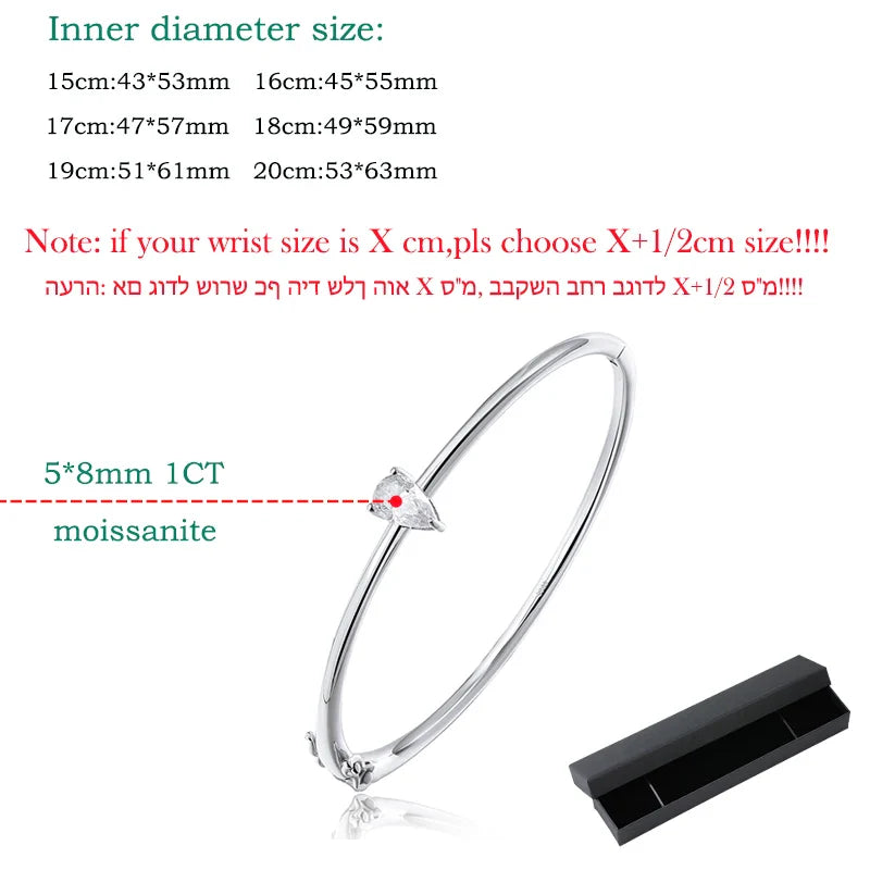 Smyoue 1CT Pear Cut Certified Moissanite Bangles for Women 100% S925 Solid Silver Lab Diamond Bracelets Birthday Gift Jewelry