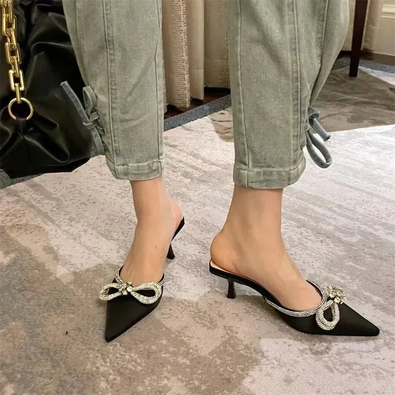 Women Fashion High Heel Slippers Rhinestone Woman Pump Crystal Bowknot