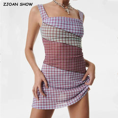 Ruched U Collar Contrast Color Plaid Print Mini Mesh Sling Dress Women