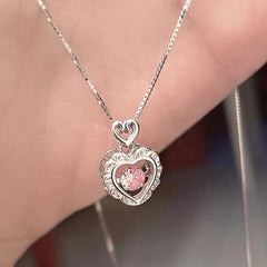 Korea Pink Crystal Pendant Heart Necklace for Women Girls Chain Cute Love