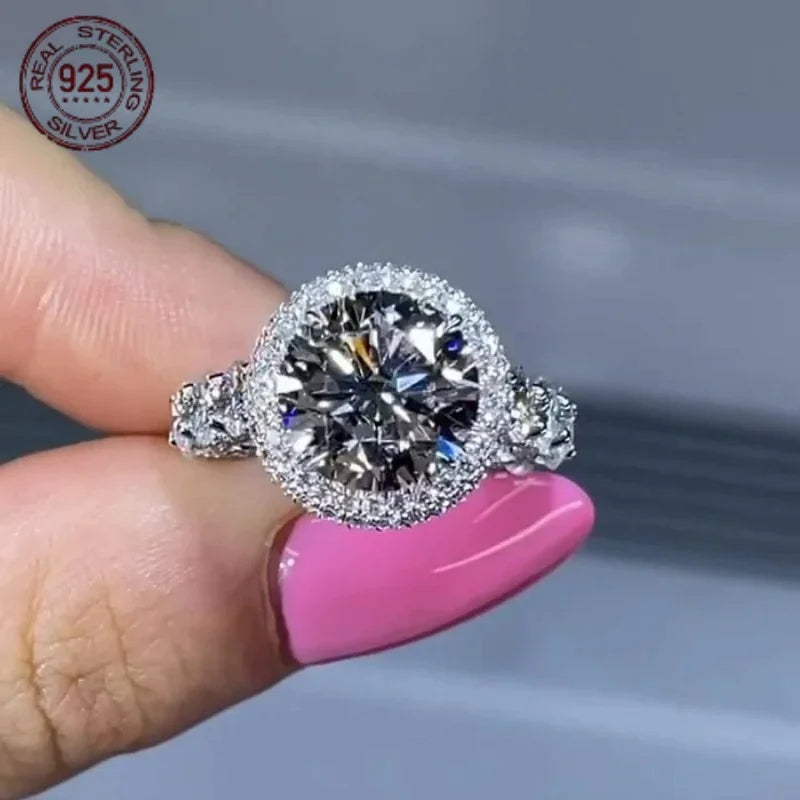 925 Silver Rings For Women Halo Engagement Ring Round Cut AAAAA Zircon Platinum Plated Female Wedding Band Jewelry Gift