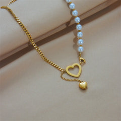 316L Stainless Steel Gold Color Heart Pearl Pendant Necklace For Women Punk Street