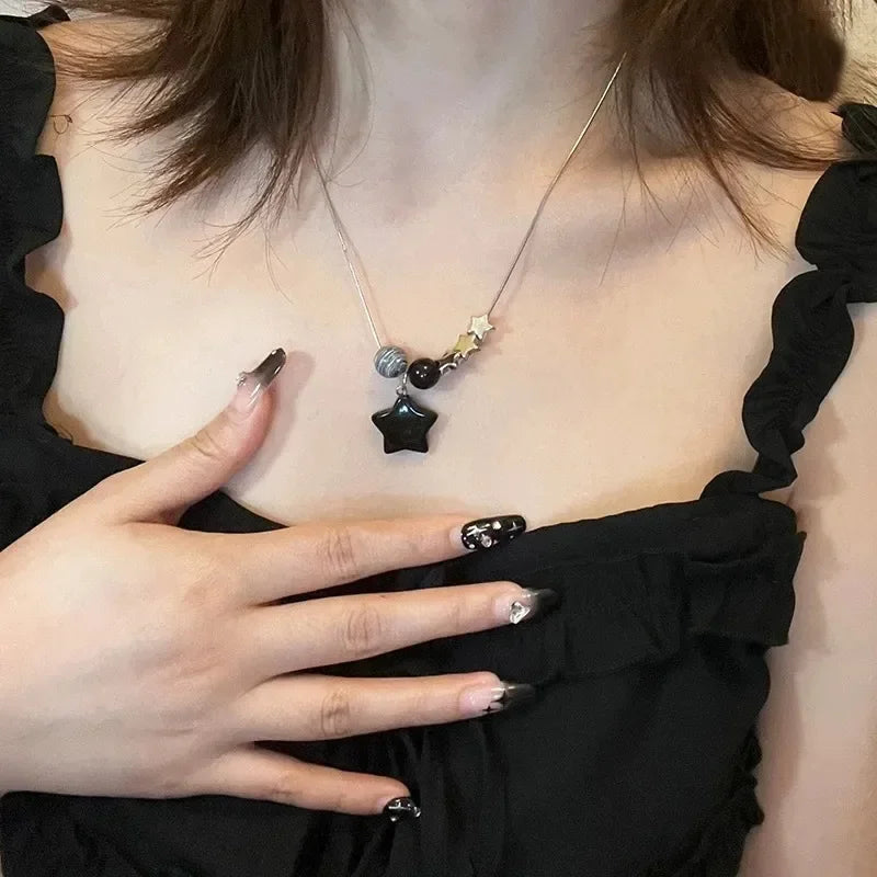 Gothic Black Peach Heart Star Pendant Necklace For Women Men Sliver Color Love Short Choker Punk Y2K Charms Jewelry Accessories