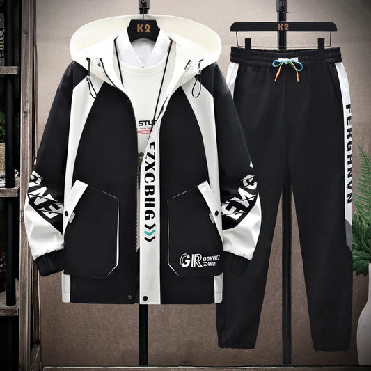 Spring Autumn Casual Men Sets Jacket + Pants Two Pieces Fashion Korean Trend Hooded Baseball Uniform Suit Man Outfit