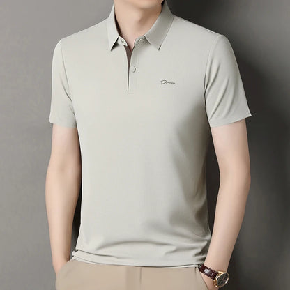 Summer seamless ice silk short sleeved T-shirt, polo shirt, flip collar, casual elastic top, breathable thin half sleeve