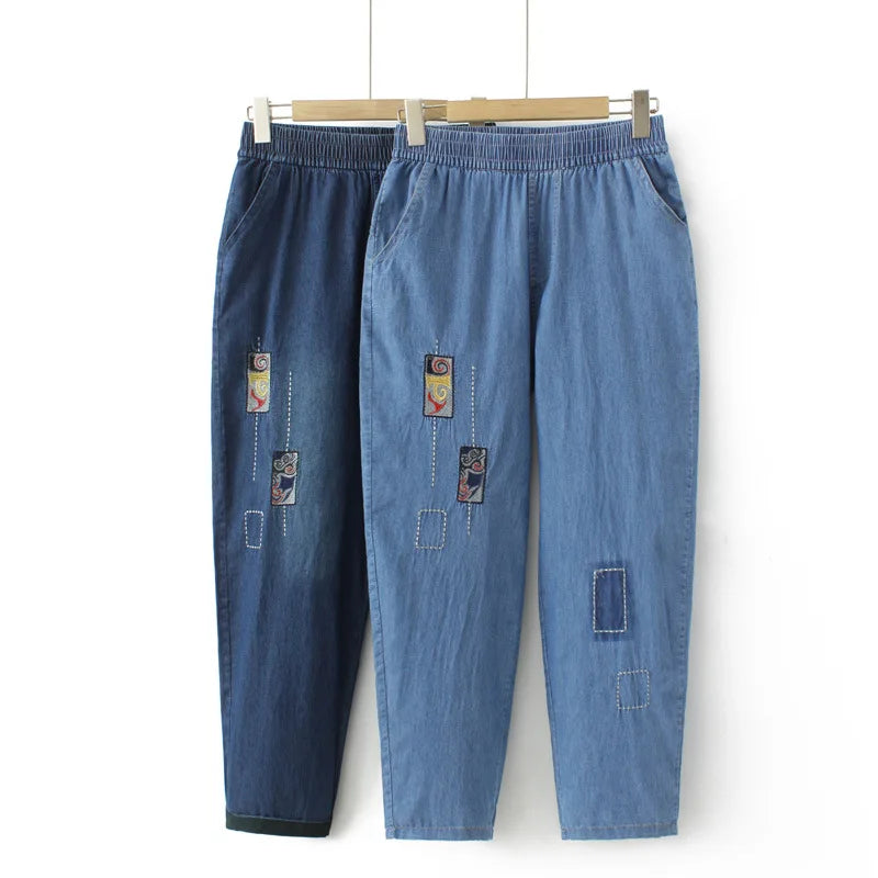 Plus Size Women Jeans Oversized Curve Clothes High Waist Geometry Embroidery Patch