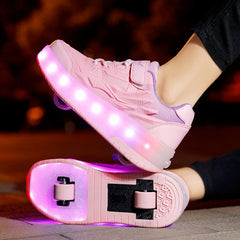 Children's Kids Boys Girls USB Charging Glowing Casual Sneakers Led Light Wheels Outdoor Parkour Roller Skate Shoes Sports