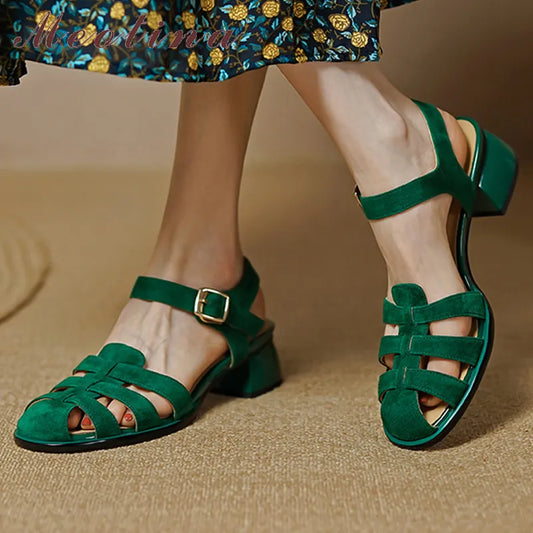 Meotina Shoes Women Genuine Leather Gladiator Sandals Thick Heel Sandals Mid Heels Buckle Kid Suede Ladies Footwear Summer Green