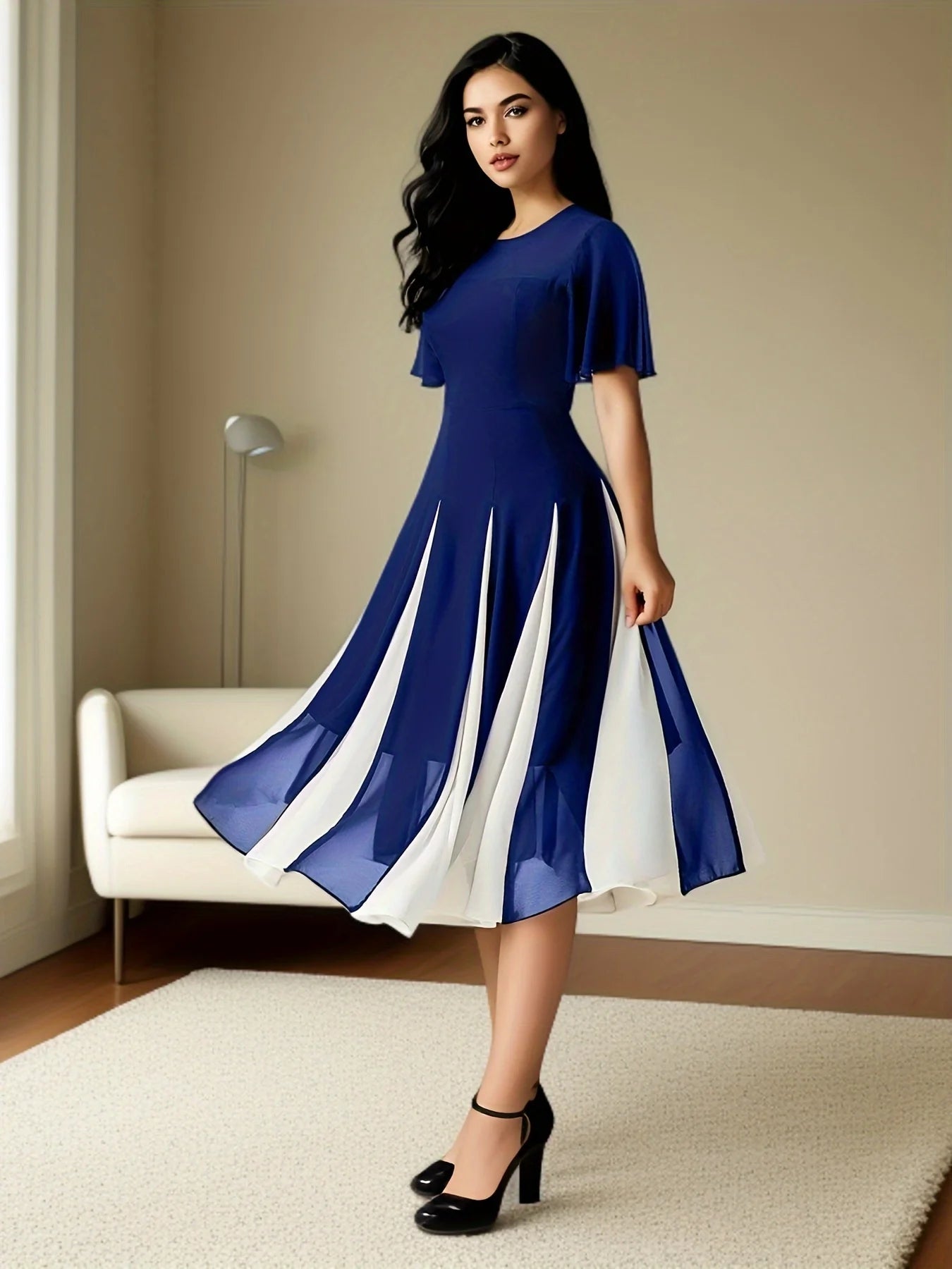 Plus Size Women's Dress Chiffon Patchwork Short Sleeve Casual Tunic Midi Dress Fashion A-Line Pleated Casual Party Dress