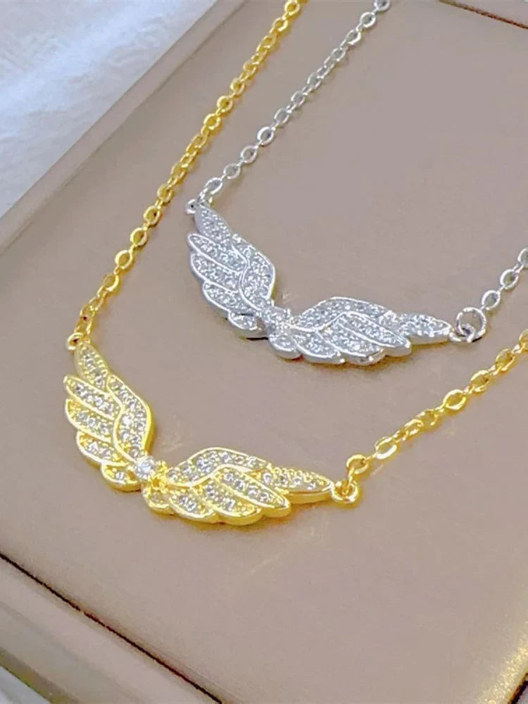 Fashion Retro Light Luxury White Jewelry Angel Wings Necklace Exquisite Personality Stainless Steel Clavicle Chain