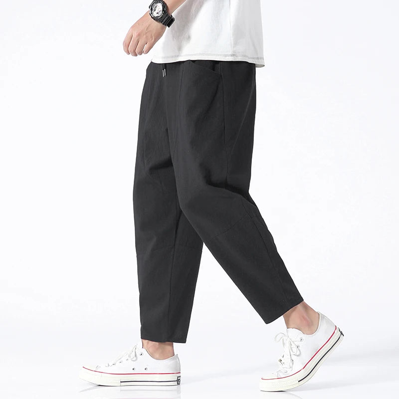 100% Cotton Summer Casual Pants Man Trendy Japanese Cropped Pants Loose Pants