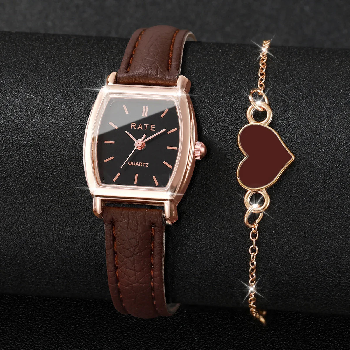 2PCS Fashion Leather Strap Quartz Wristwatches Set With Heart Bracelet Casual Simple Dial For Ladies Clock(Without Box)