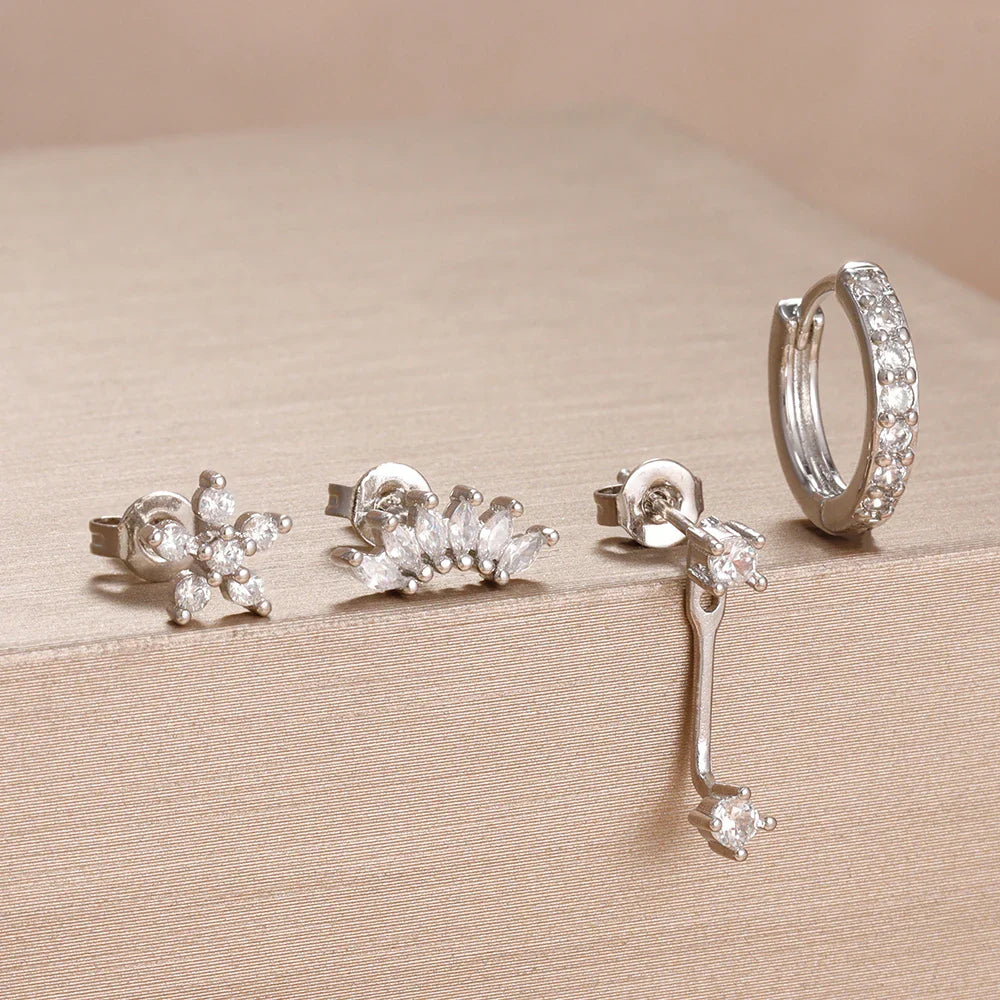 4PCS Stainless Steel Circle Huggie Hoop Earrings Set for Women Gold Color Unique Zircon Flower Stud Earring Piercing Jewelry
