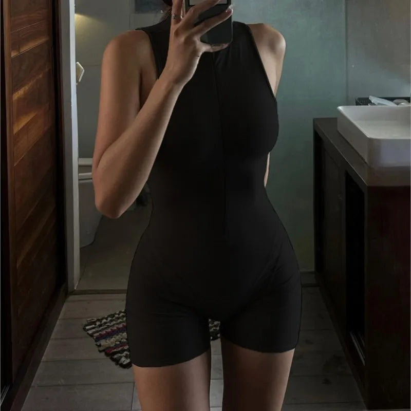 Yoga Jumpsuit Women's Leotard Sports Zipper Running Shorts Sleeveless Fitness Suit