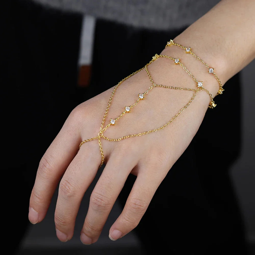 2025 New Geometric Marquise Cubic Zirconia CZ Paved Double Wrist Hand Chain Bracelet Simple Fashion Women Finger Slave Jewelry