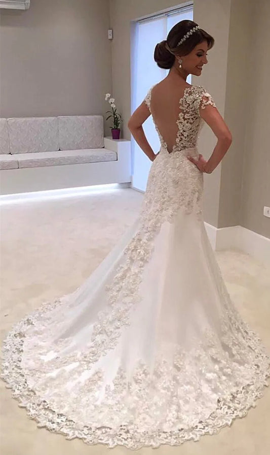 White Backless Lace Mermaid Wedding Dress V-Neck Short Sleeve