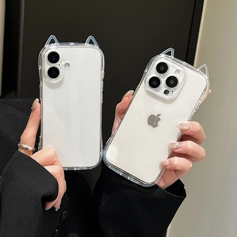 Cute Cat 3D Ears Transparent Phone Case For iPhone 17 Pro Max Air 16 15 13 11 12 14 Plus Soft Clear TPU Back Cover Shell