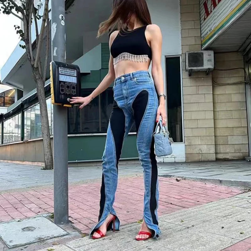 Women's jeans, colour blocking, slimming cotton pencil trousers
