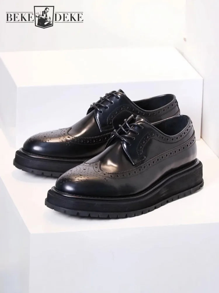 Mens Wing Tip Brogue Shoes Business Height Inceasing Thick Platform Cowhide Genuine Leather Formal Shoes Bright Work Dress Shoes