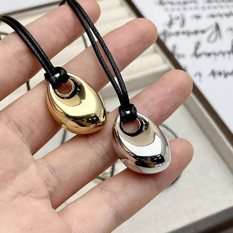 Vintage Irregular Punk Metal Bean Pendant Necklace for Women Adjustable Black Leather Rope Long Clavicle Chain Charm Jewerly