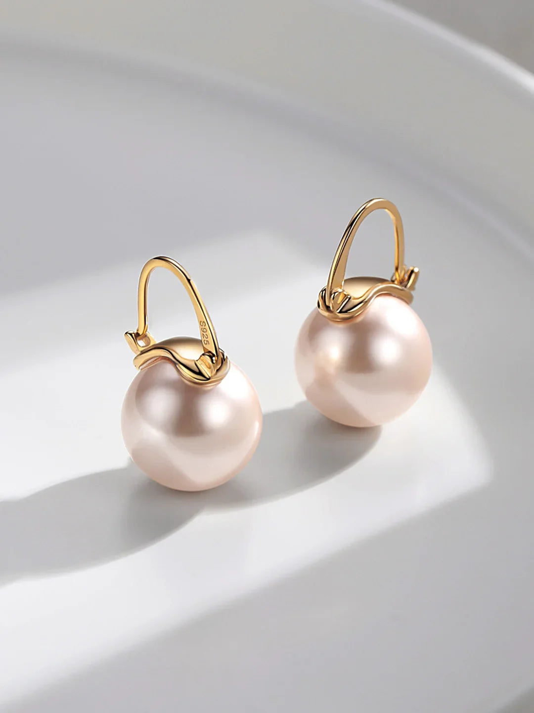 VOBIPY 925 Sterling Silver Earring Pink Color Pearl Earring For Women Wedding Party Gift Fashion Jewelry 12-14mm Shell Pearl