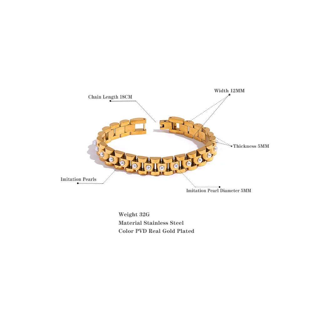 Yhpup 18cm Stainless Steel Imitation Pearls PVD Gold Plated Thick Cuban Chain Charm Bangle Bracelet Fashion Jewelry Wome