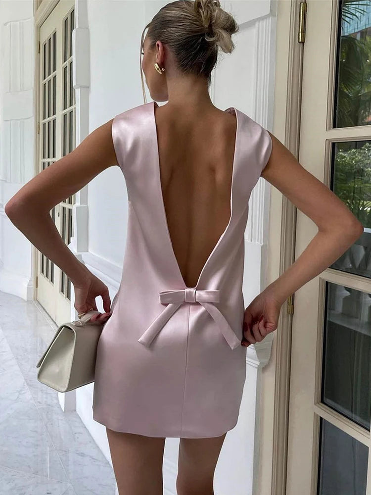 Evening wear Dresses: Satin Mini Pink Dress For Women Backless