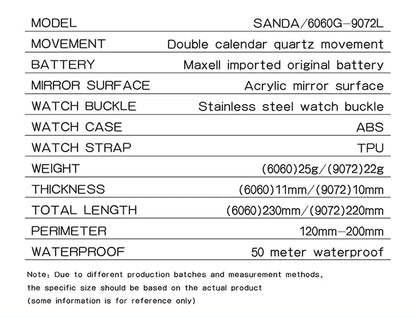 SANDA 9072 Quartz Watch Calendar Light  Weight Minimalism Ladies Women Wristwatches Simple Black Waterproof Watch Clock Reloj