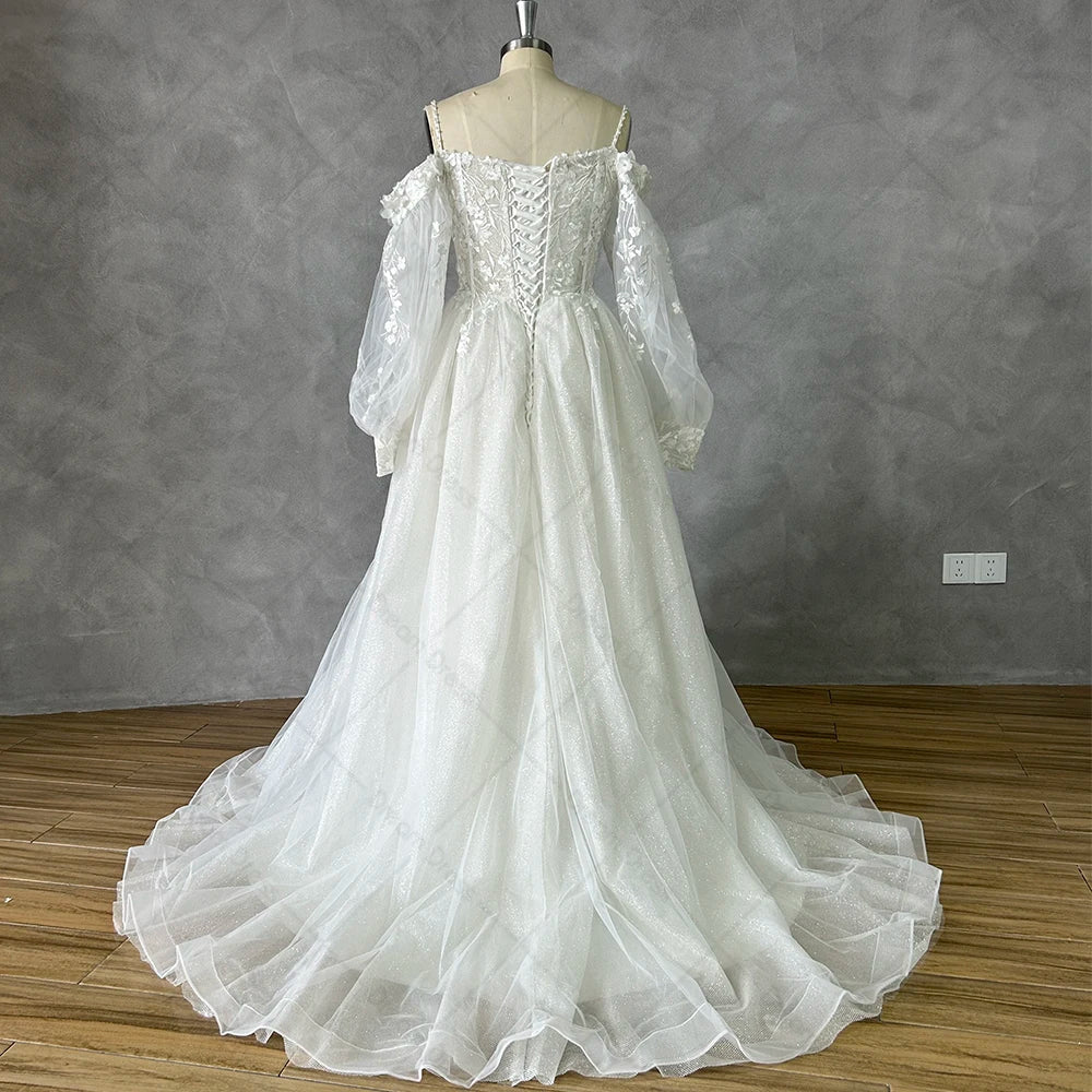 White Bridesmaid Dresses: Off Shoulder Lace Glitter Tulle Wedding Dresses Long