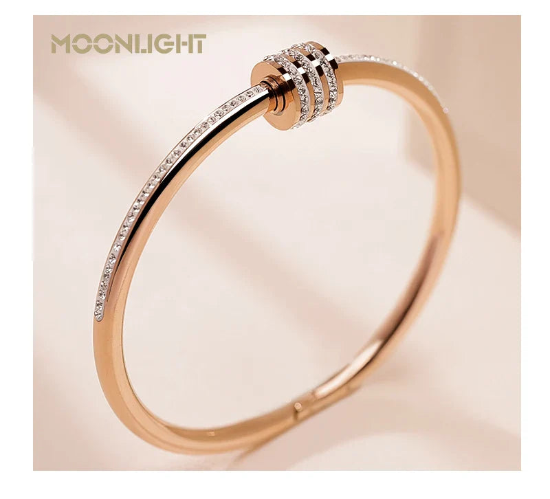 MOONLIGHT Classic Stainless Steel Zircon Bangle For Women Circular Screw Bracelet Female Jewelry Gifts Fashion Accessories