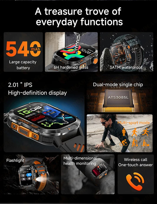 2025 New Military Outdoor Smart Watch Men's GPS Flashlight Bluetooth Call 2.01" AMOLED Screen 3ATM Waterproof Sports Smartwatch
