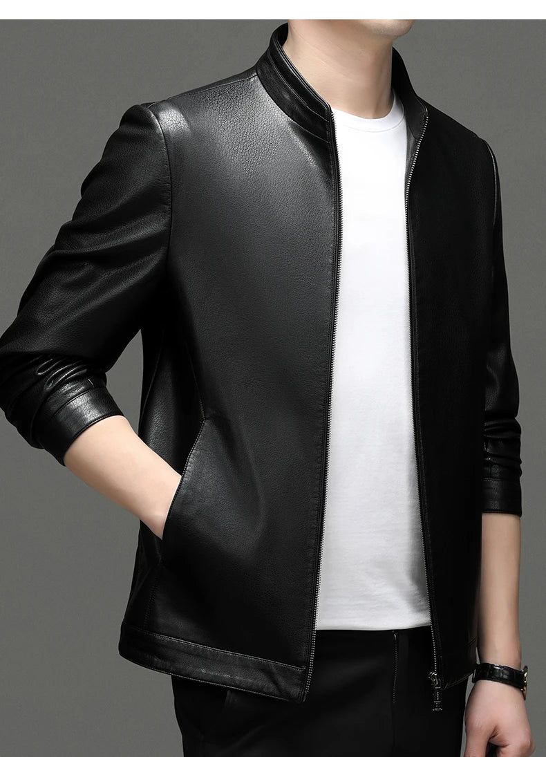 Spring and Autumn Men's Genuine Leather Polo Mock Neck Jacket Fashion