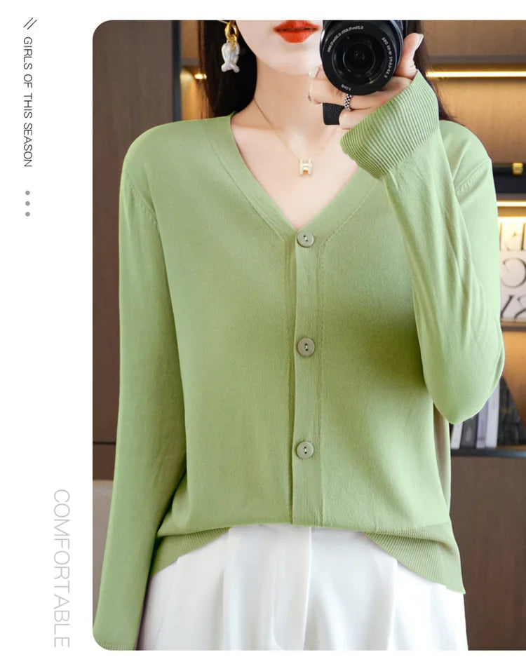 Summer Korean Version Thin Solid V-Neck Ice Silk Knitted Long Sleeve