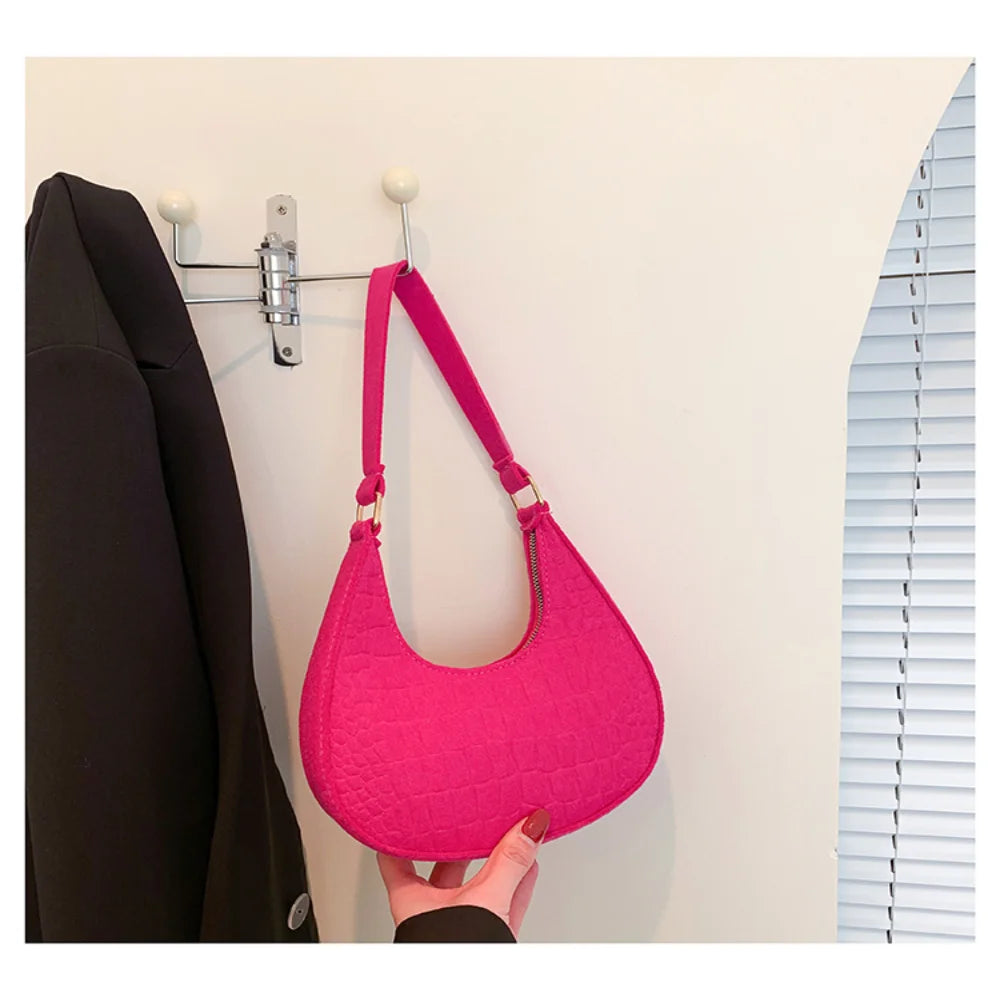 Brand Women Retro Underarm Bag Felt Solid Color Shoulder Bag Casual Purse