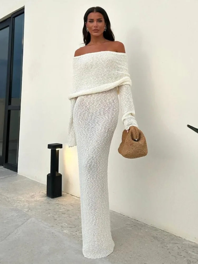 Tossy Knit Hollow Out Off-Shoulder Maxi Dress Female Cover up See-Through Sleeve