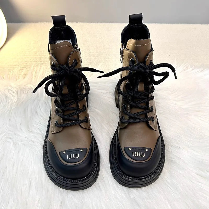 Brand British style short boots for women's winter thick soled casual plush
